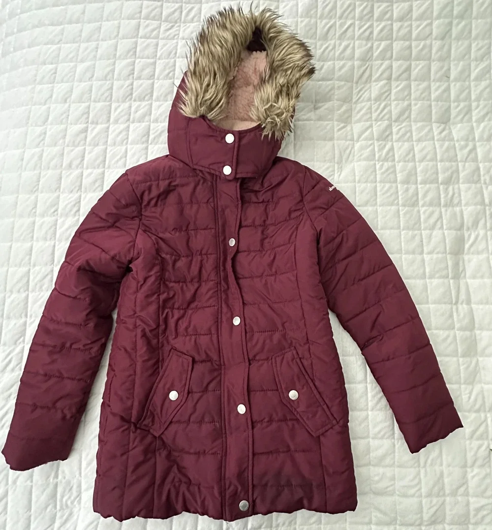Abercrombie Kids Puffer Coat 13/14 Burgundy Hooded Faux Fur Trim Sherpa Parka
